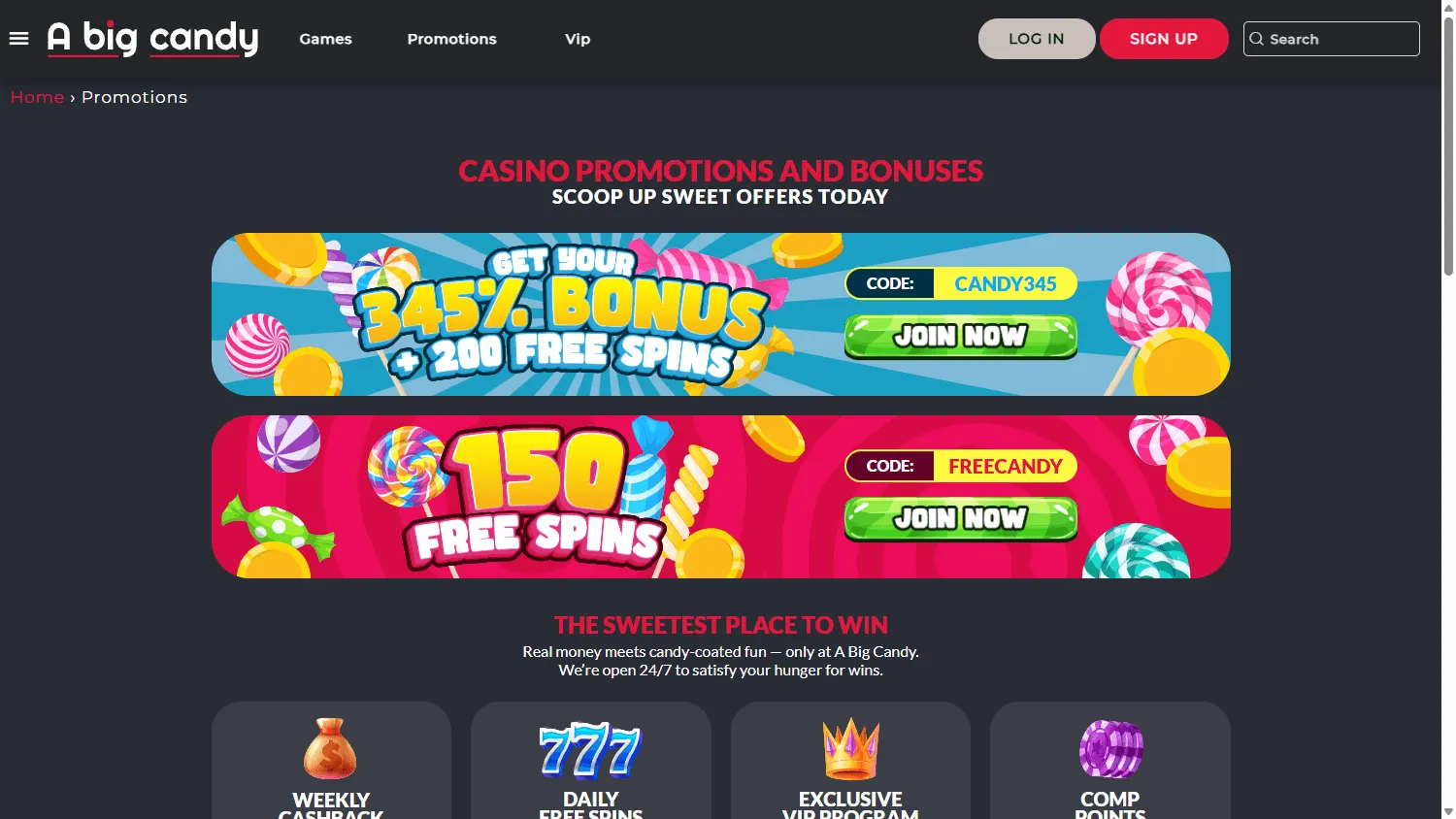 Big Candy Casino promotions area on desktop
