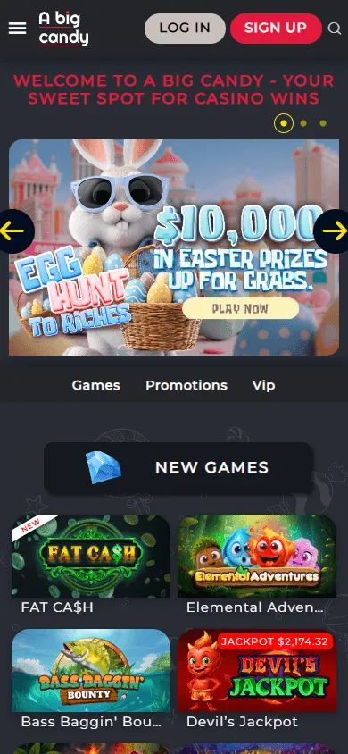 Big Candy Casino home screen on mobile