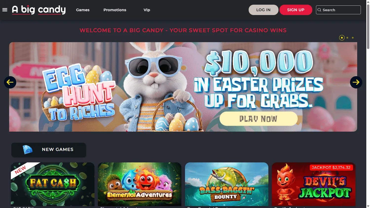 Big Candy Casino home screen on desktop