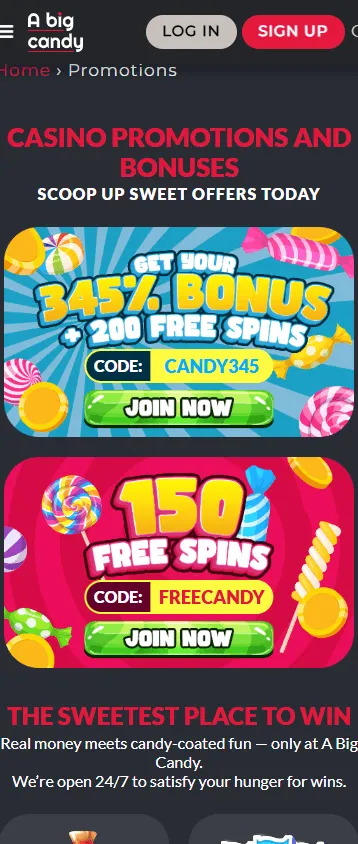 Big Candy Casino promotions area on mobile