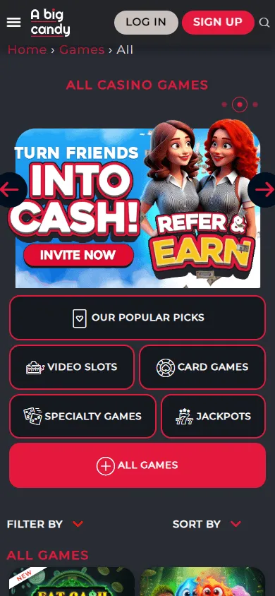 Big Candy Casino games area on mobile